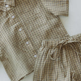 Linen Button Up Set- Check Oat