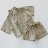 Linen Button Up Set- Check Oat