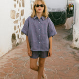 Linen Button Up Set- Gingham Plum & Sea