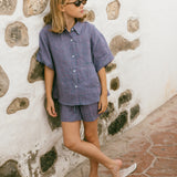 Linen Button Up Set- Gingham Plum & Sea