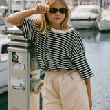 Waffle Stripe Tee- Navy & Cream