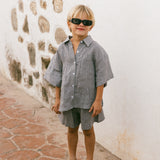 Linen Button Up Set- Check Dusty Blue