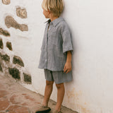 Linen Button Up Set- Check Dusty Blue