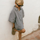 Linen Button Up Set- Check Dusty Blue