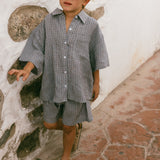 Linen Button Up Set- Check Dusty Blue