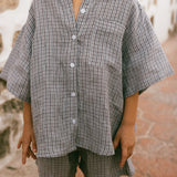 Linen Button Up Set- Check Dusty Blue